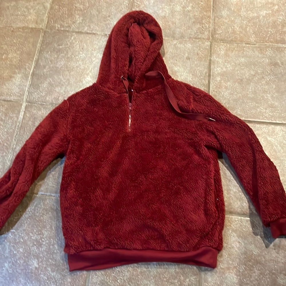 red fuzzy hoodie